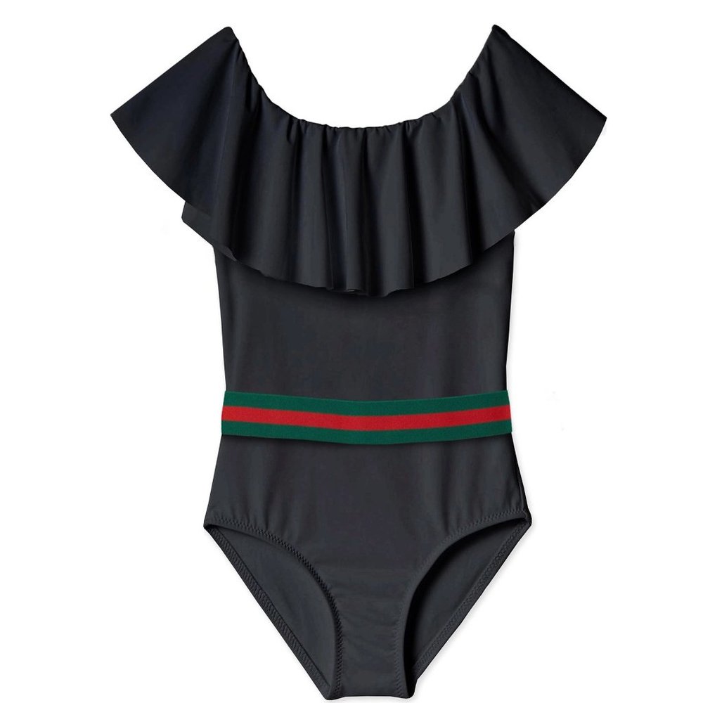 Stella Cove Black Draped Swimsuit With Green/Red Stripe size 8y
